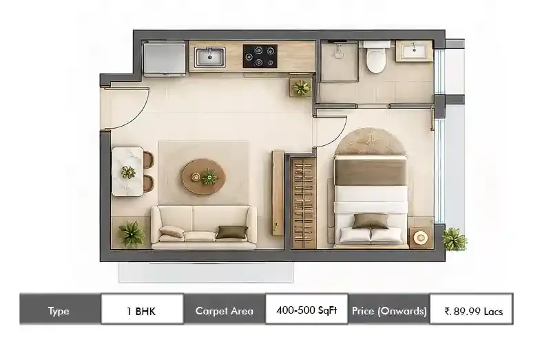 AIM Vyana 1 BHK floor plan, 400 sq ft carpet area